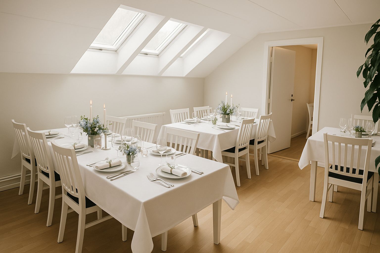 Välkomnande minnesstundslokal med dukade bord, redo för gäster.